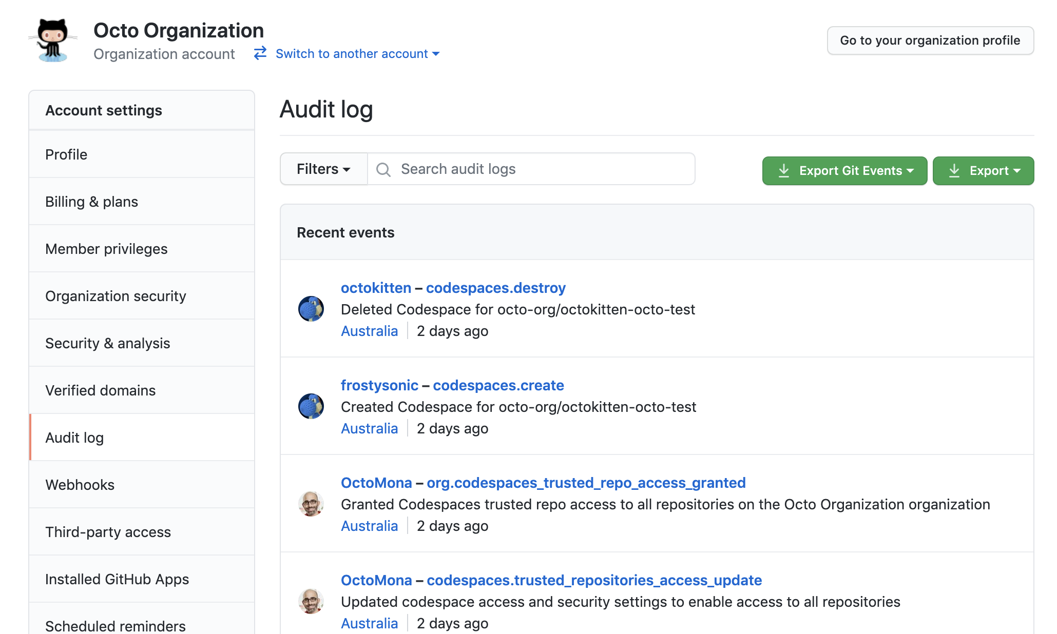 Audit log with Codespaces information
