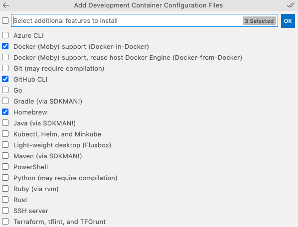 The select additional features menu during container configuration.