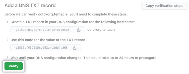 Verify button on Pages settings