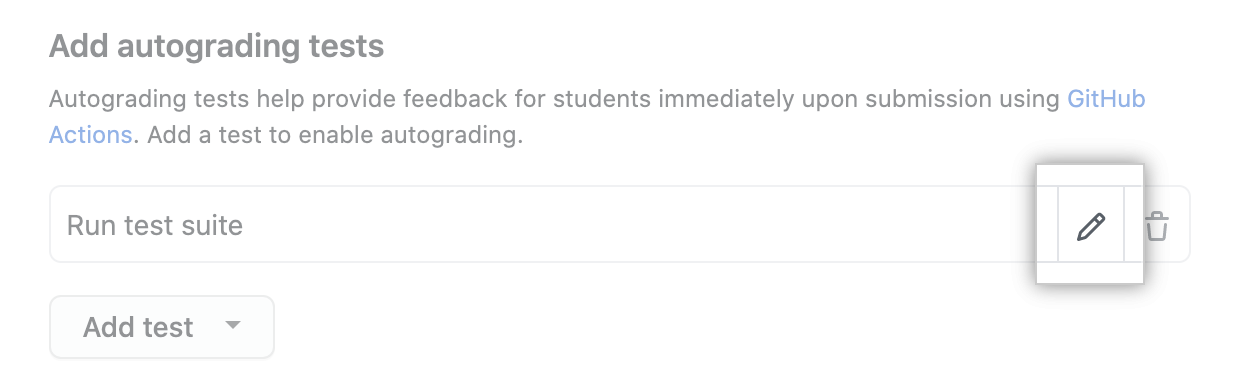Pencil icon for editing an autograding test