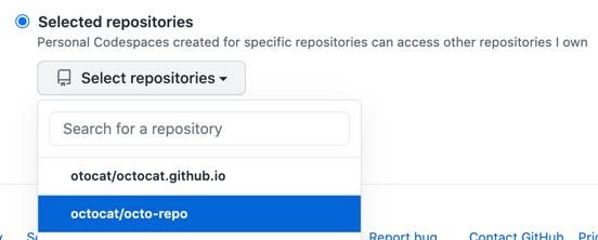 "Selected repositories" drop-down menu