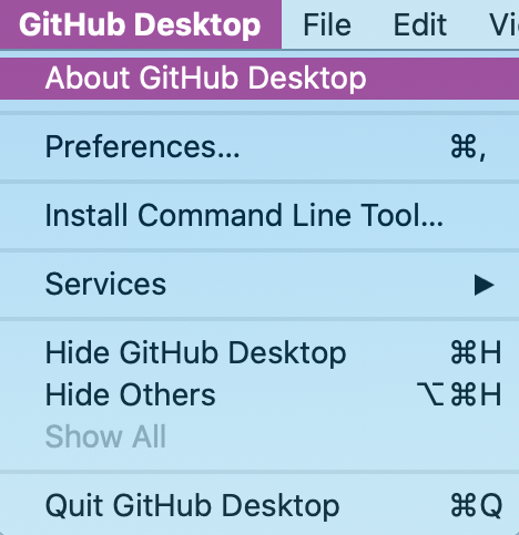 Acerca de la opción de menú de GitHub Desktop