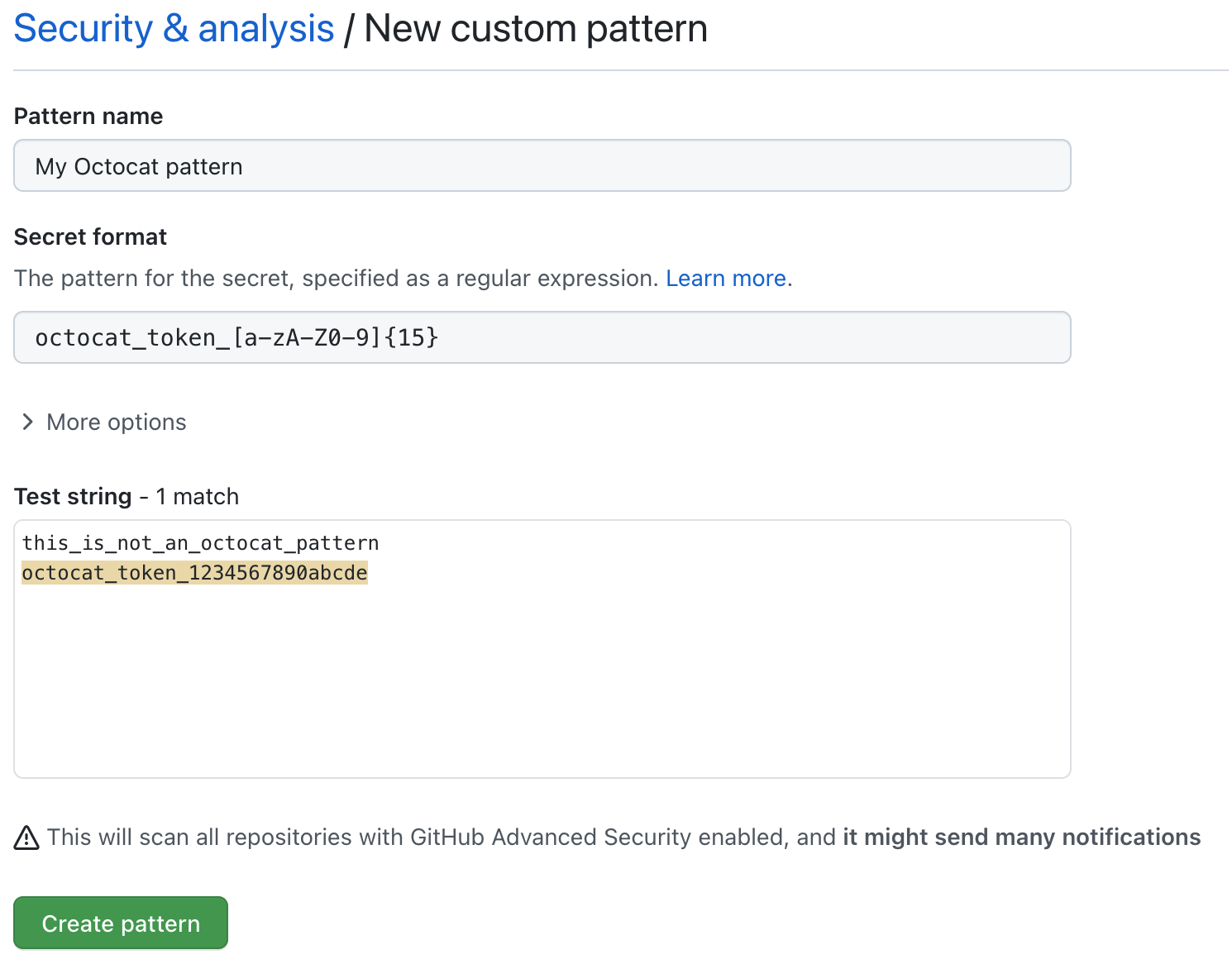 Crear un formato de patrón personalizado del escaneo de secretos