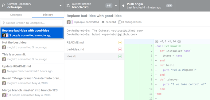 A commit on the History tab