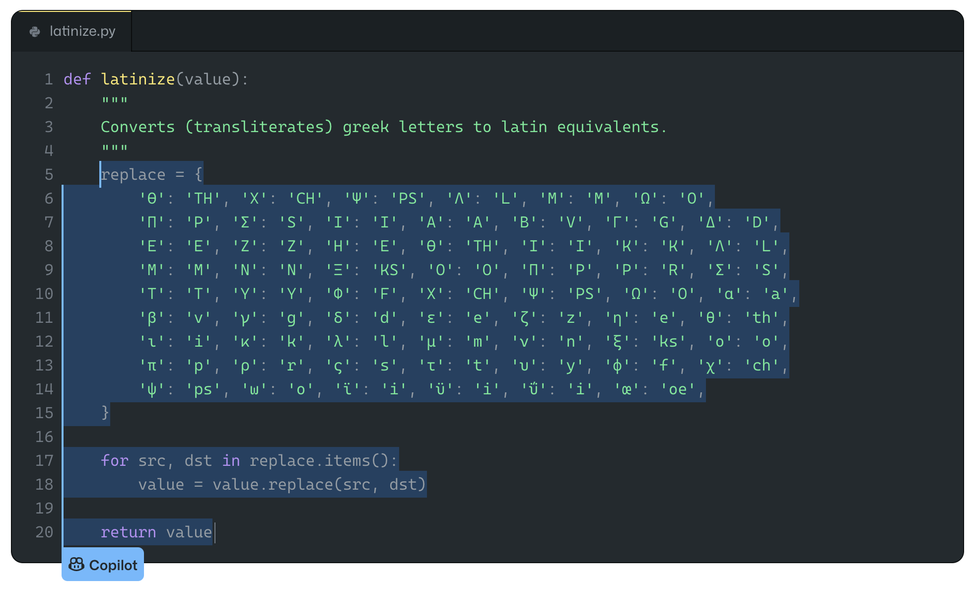 Exemplo do alfabeto grego