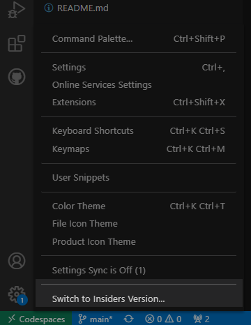 Clicking on "Insiders Build" in Codespaces