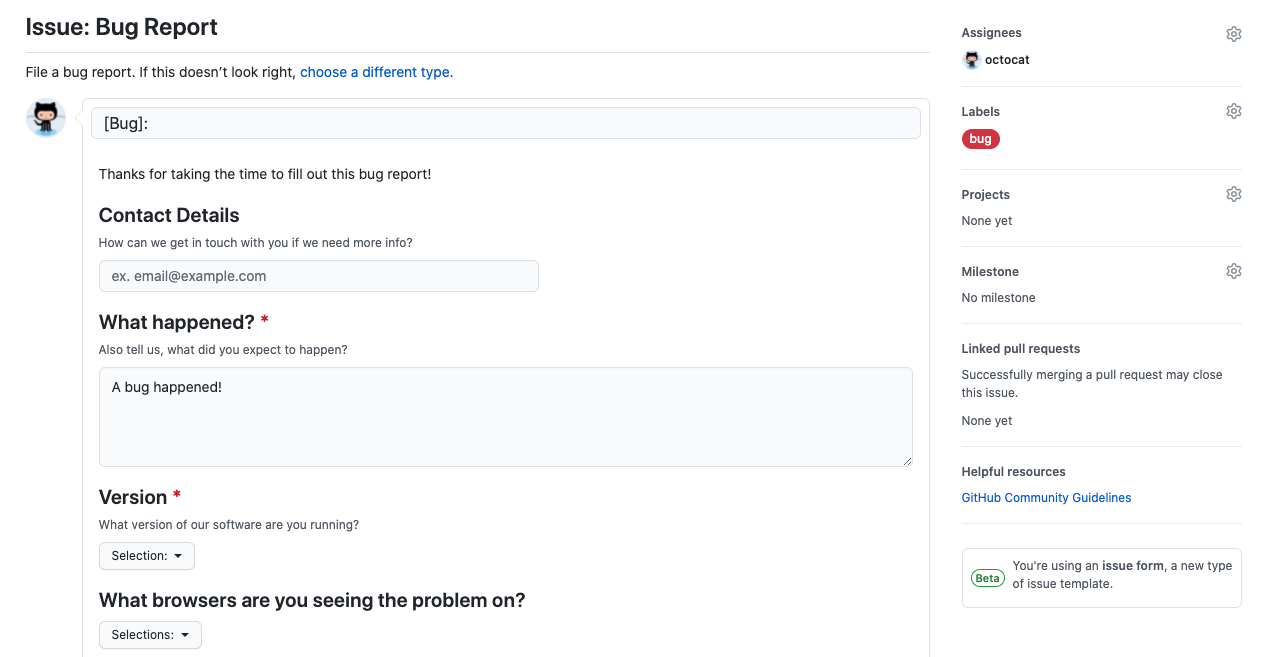 A rendered issue form