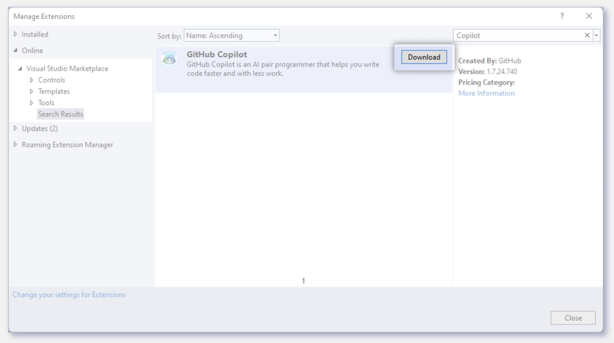 Screenshot of GitHub Copilot extension for Visual Studio with the download button emphasized
