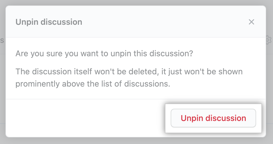 Botão "Desafixar discussão" abaixo do aviso em modal
