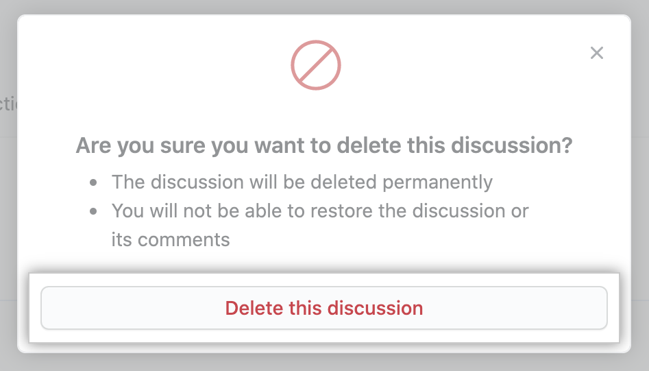 Botão "Excluir esta discussão" abaixo do aviso em modal