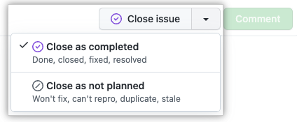 Screenshot showing dropdown menu containing issue close reasons