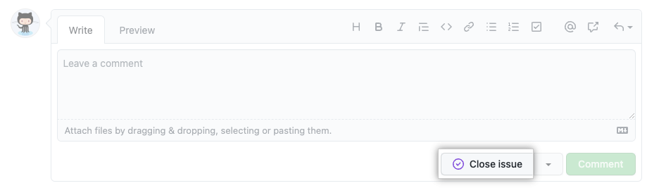 Screenshot showing "close issue" button
