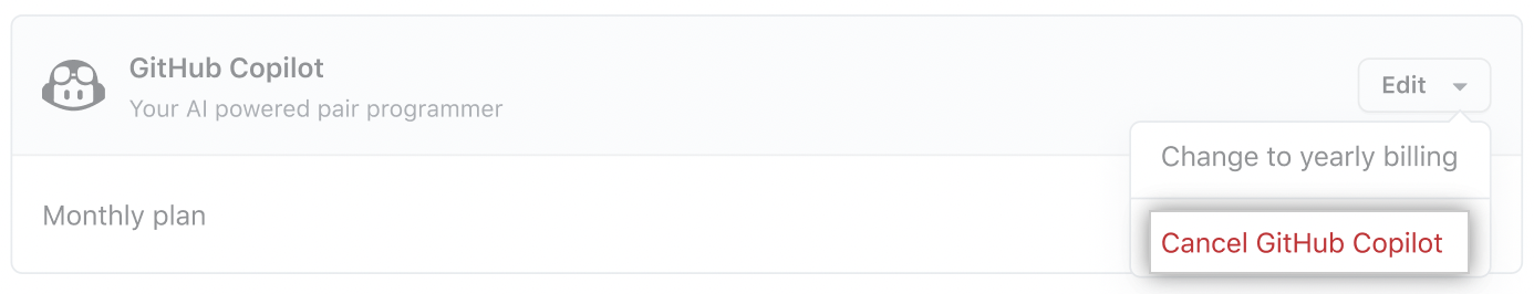 计费页面上 GitHub Copilot 部分的屏幕截图,突出显示了取消 GitHub Copilot 选项