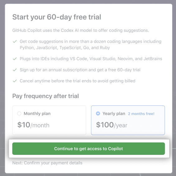 Screenshot of trial setup with Continue to get access to Copilot button emphasized