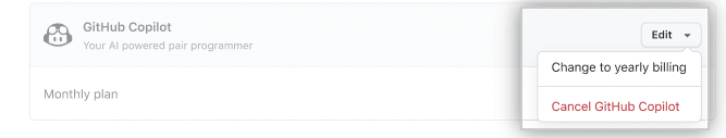 Screenshot of GitHub Copilot section on billing page with edit dropdown emphasized