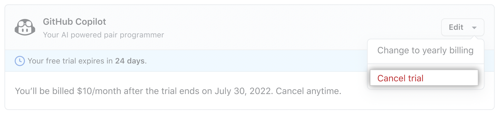Captura de tela da seção Copilot GitHub na página de cobrança com a opção de teste destacada