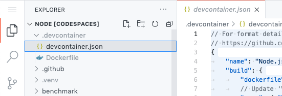 devcontainer.json file in the Explorer