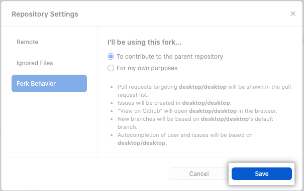 The save button in the Fork Behavior menu