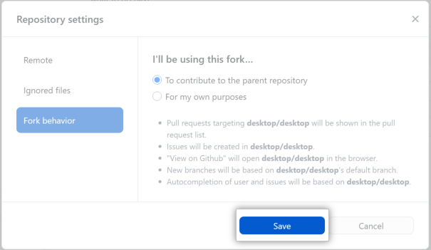 The save button in the Fork Behavior menu