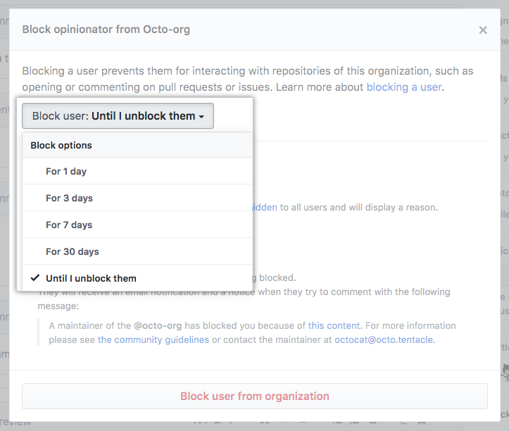 Block time limit in the block user drop-down menu