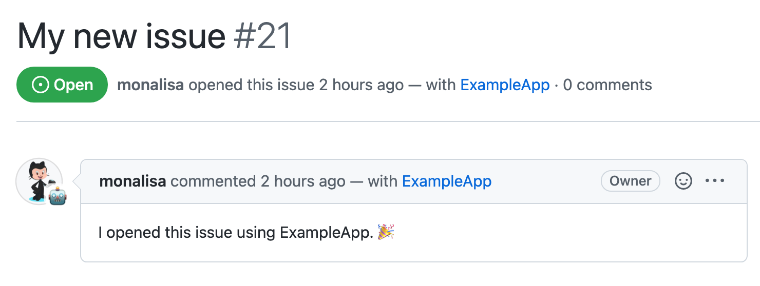 Una incidencia creada por una solicitud de a "usuario a servidor" desde una instancia de GitHub App