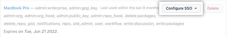 Screenshot of the dropdown menu to configure SSO for a personal access token