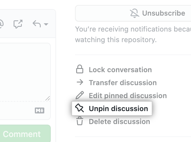 Screenshot of the "Unpin discussion" option in right sidebar for discussion