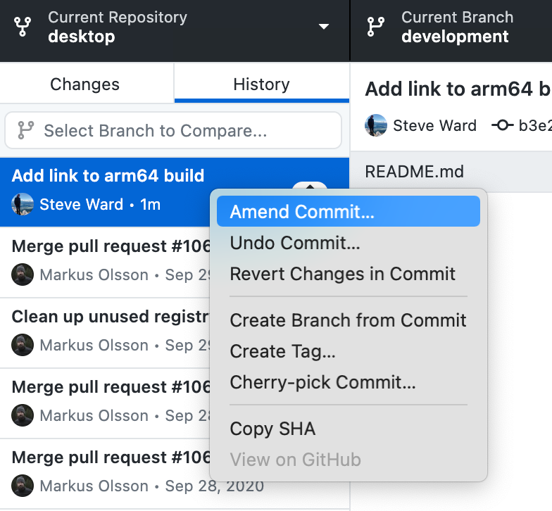 Menu de contexto Alterar commit