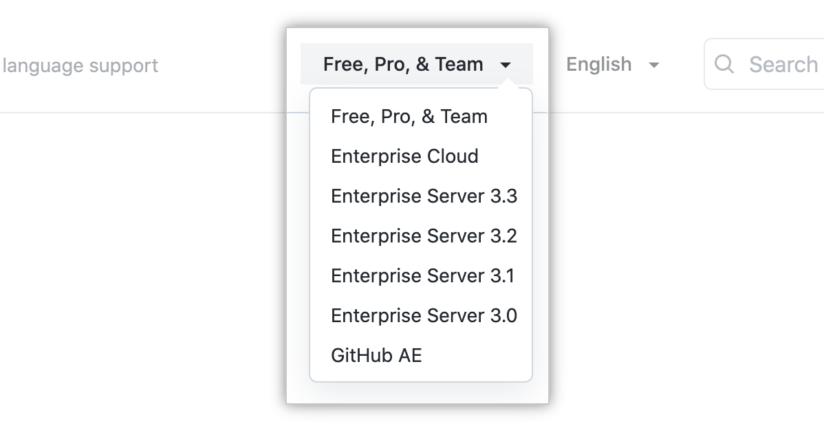 Capture d’écran du menu déroulant pour sélectionner une version de GitHub Docs
