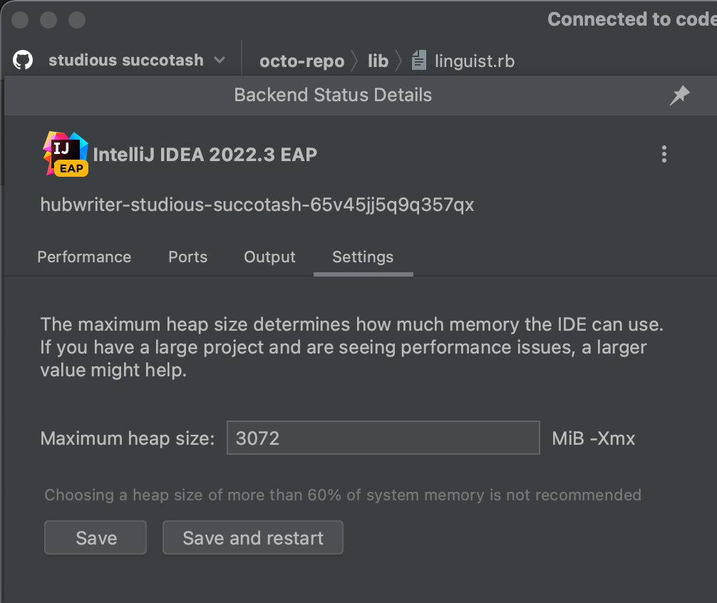 Screenshot of the maximum heap size setting