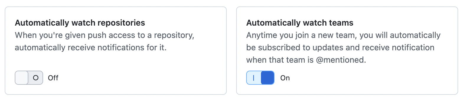Screenshot of automatic watching options for teams and repositories