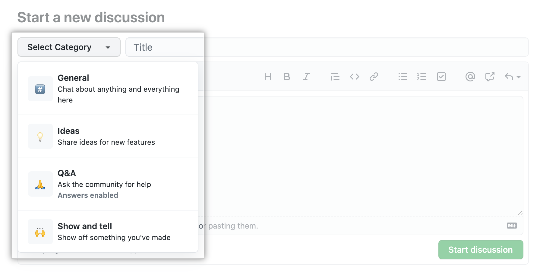 "Select Category" drop-down menu and list of available categories in a repository