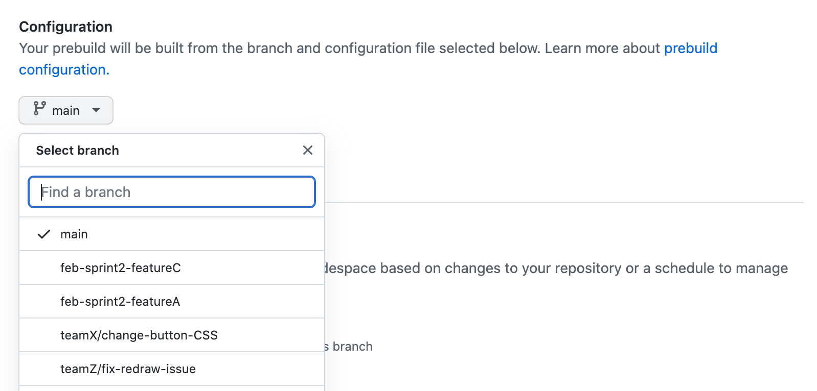 The branch dropdown menu