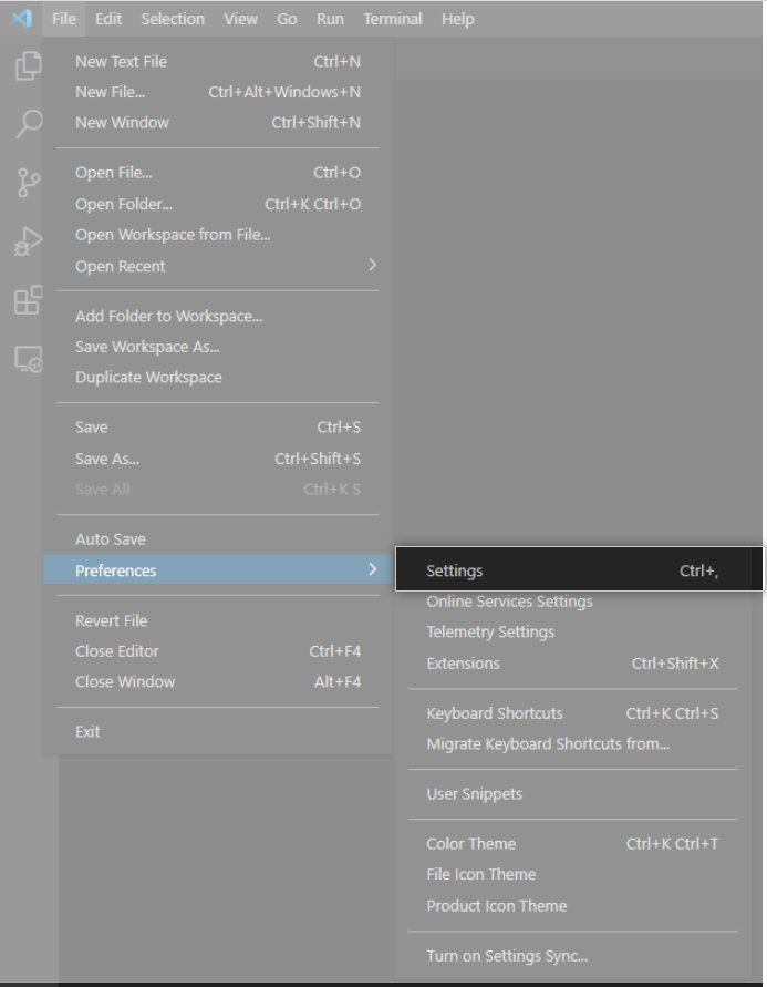 Capture d’écran des paramètres de Visual Studio Code