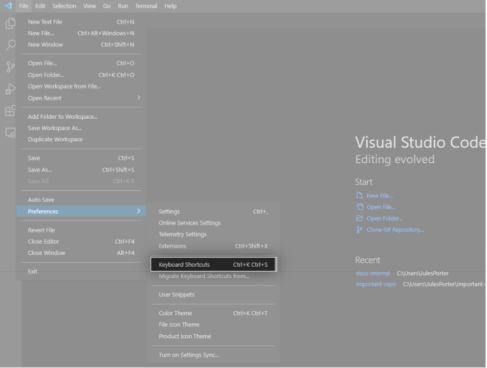 Visual Studio Code 键盘快捷方式的屏幕截图