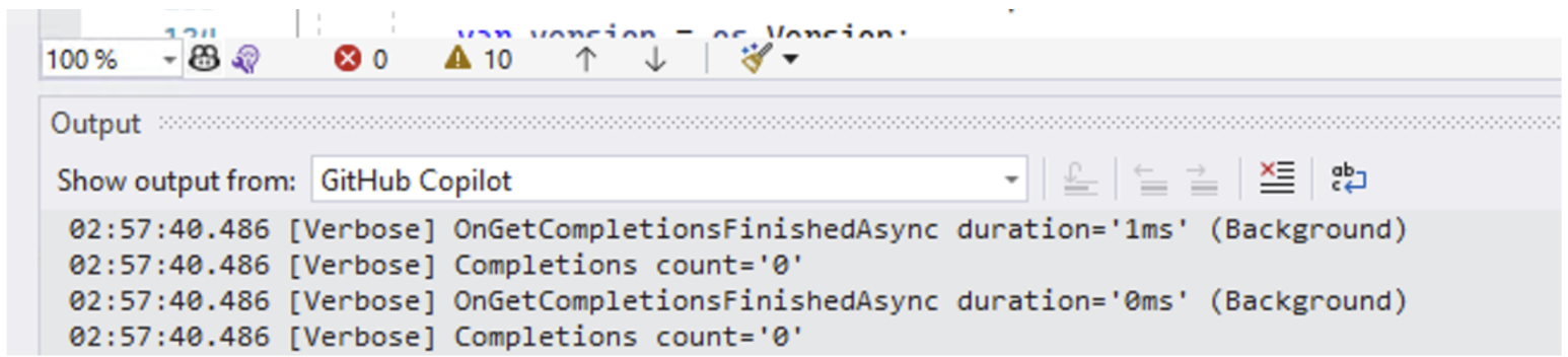 Screenshot of GitHub Copilot Output pane