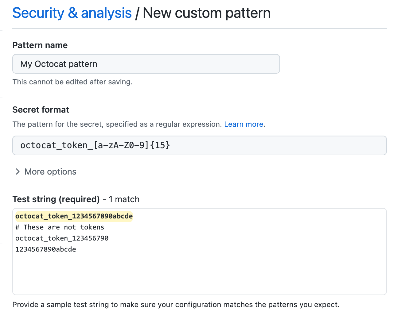 Create a custom secret scanning pattern form