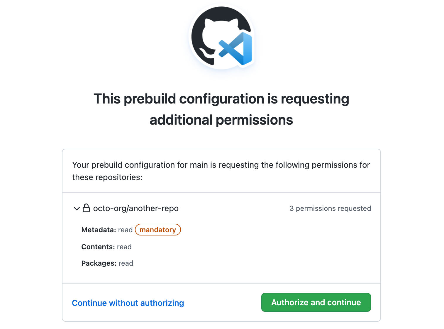 Screenshot der Autorisierungsseite für Prebuilds