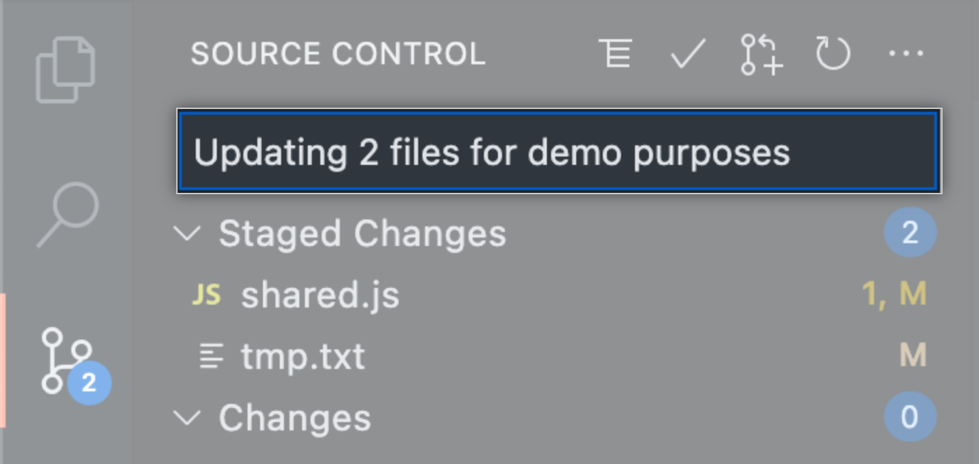 Barre latérale du contrôle de code source avec un message de commit