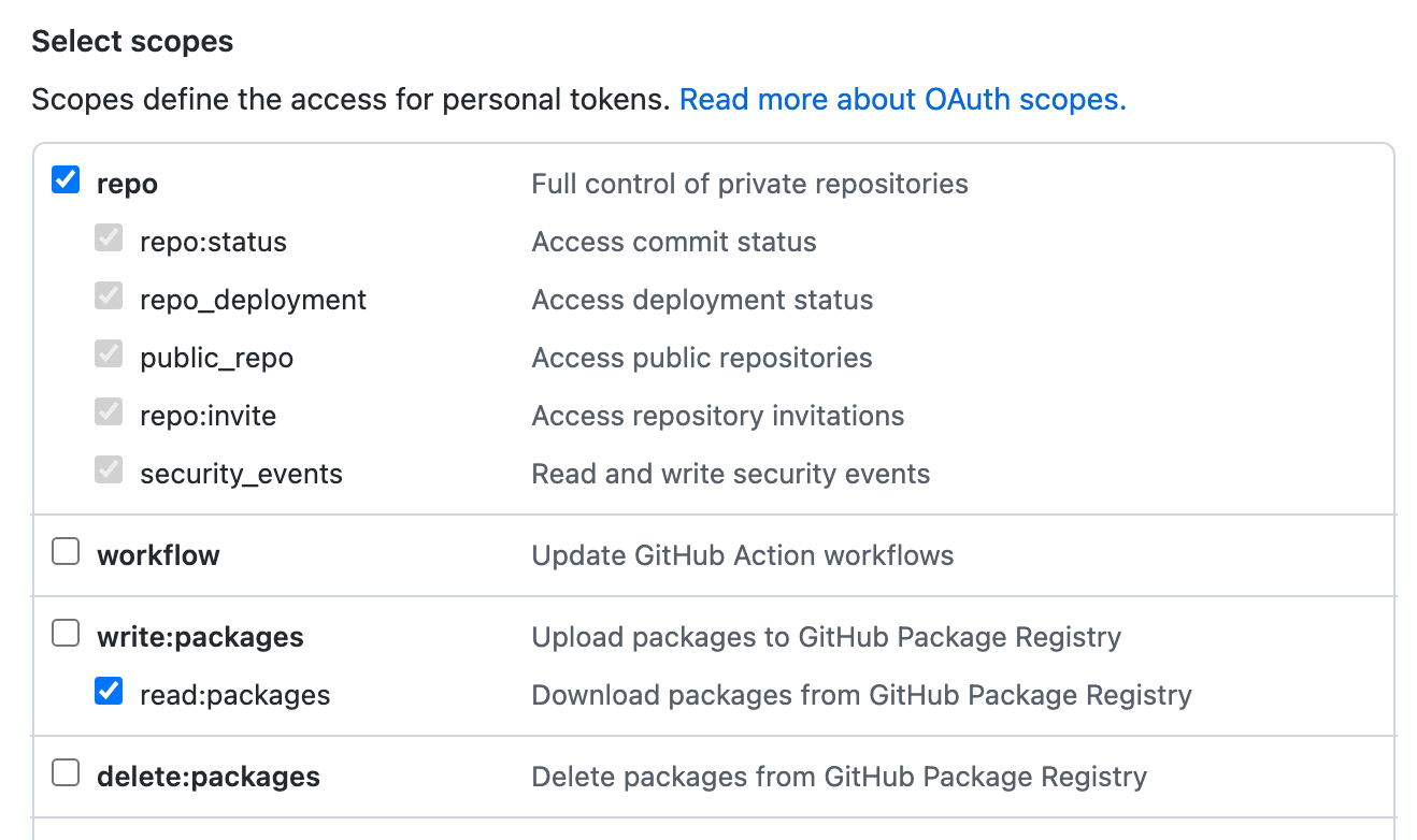 Étendues « repo » et « packages » sélectionnées pour un personal access token (classic)
