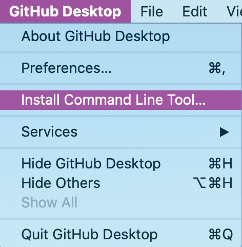 GitHub Desktop 드롭다운 메뉴에서 명령줄 도구 설치 옵션