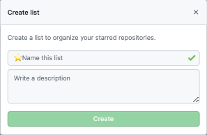 Screenshot of modal showing where you enter a name and description with the "Create" button.
