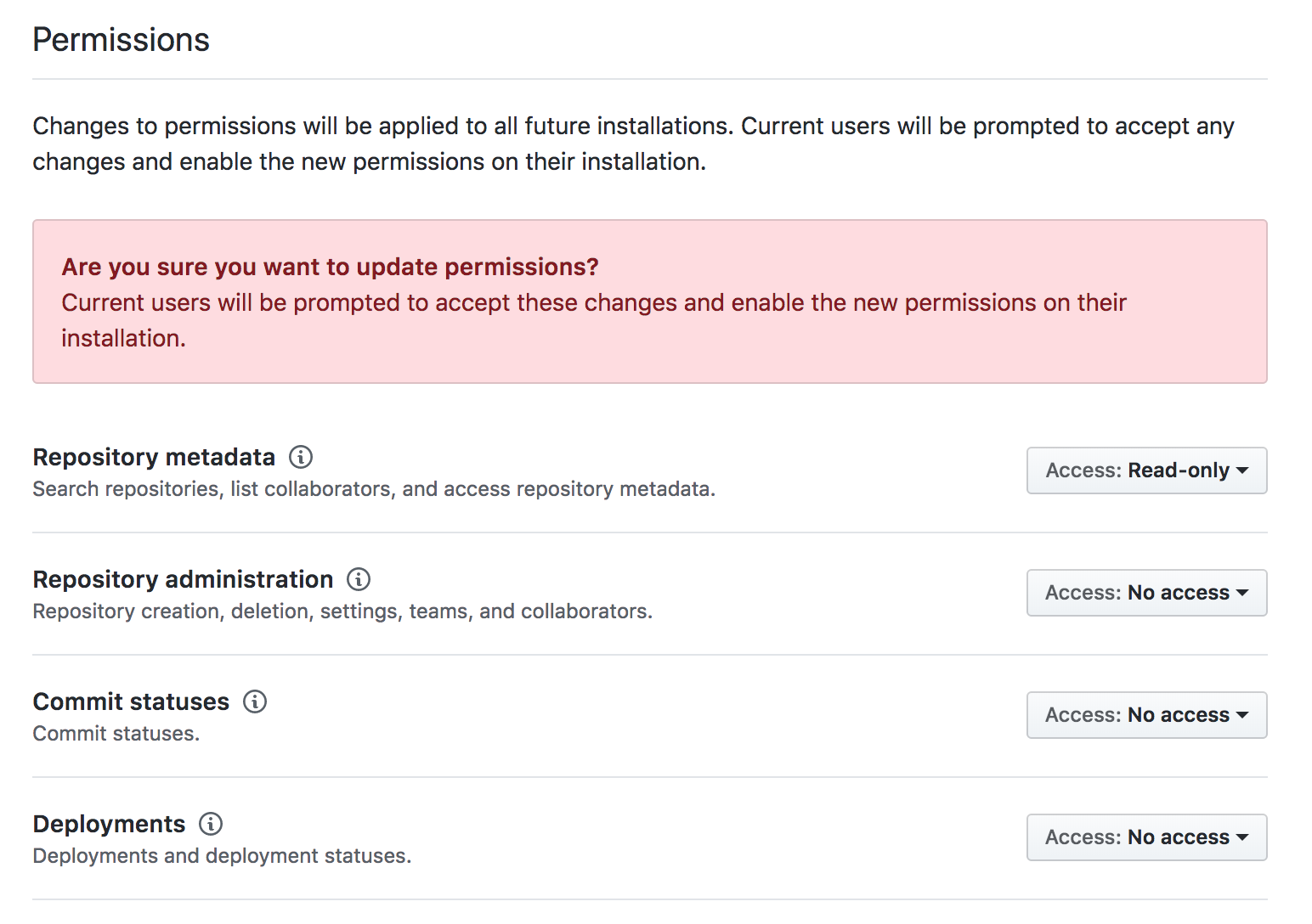 Sélections d’autorisations pour votre application GitHub