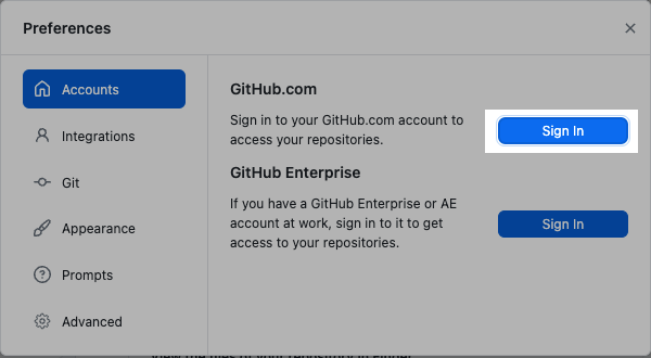 The Sign In button for GitHub