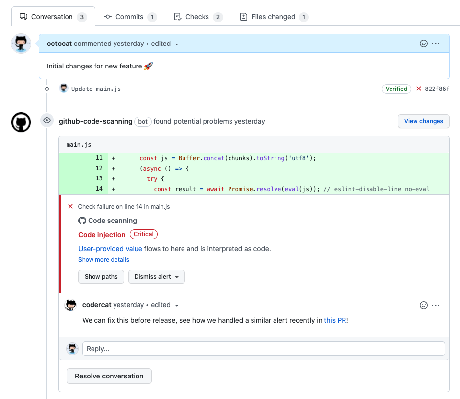Alert annotation within a pull request Conversations tab