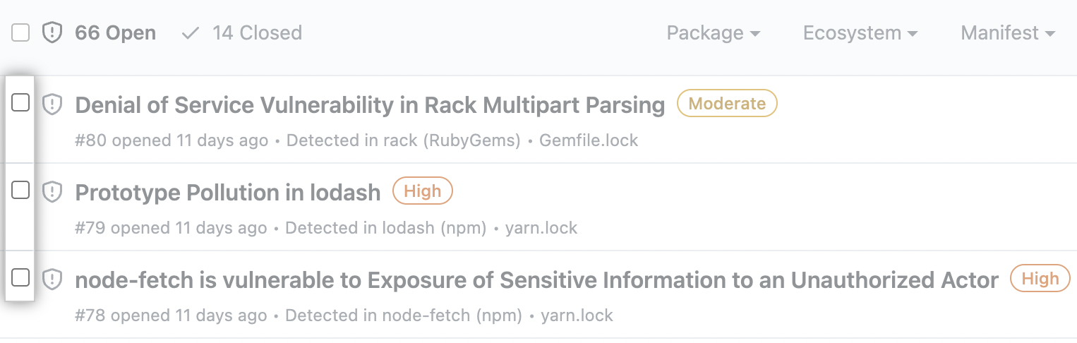 Screenshot of open alerts with checkboxes emphasized