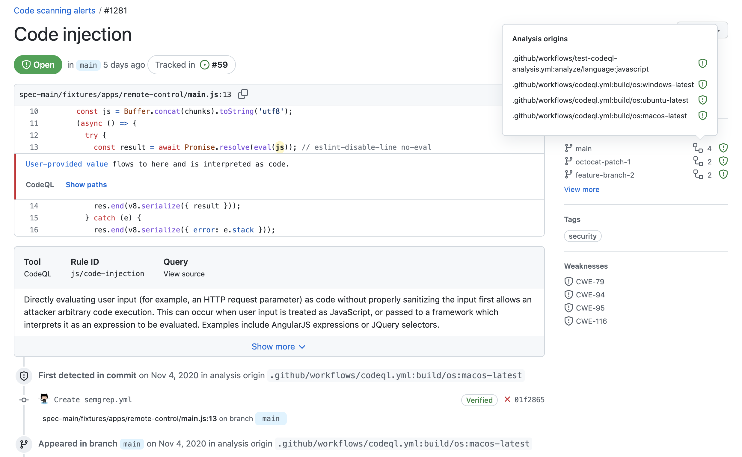 Code scanning alert with multiple analysis origins