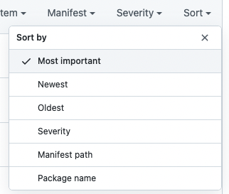 Screenshot of Sort dropdown with "Most important" sort