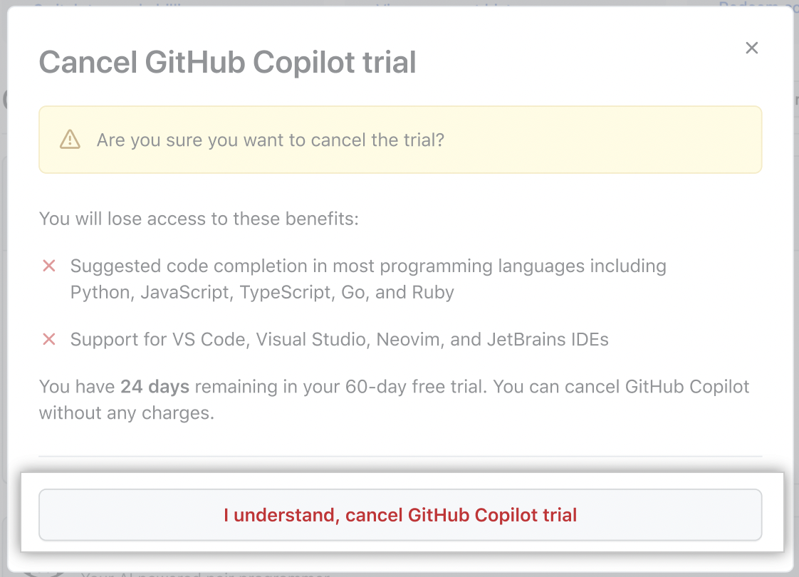 Screenshot of GitHub Copilot cancel trial modal with I understand, cancel trial button emphasized