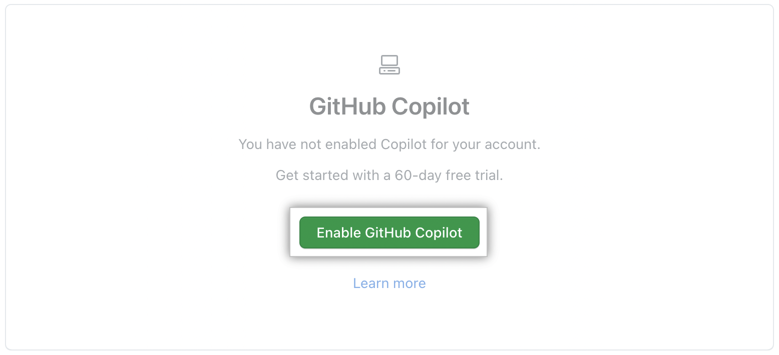 Screenshot of GitHub Copilot settings with Enable GitHub Copilot button emphasized